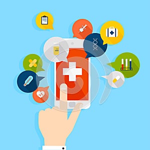 Mobile phone with health application open with hand. Vector mode