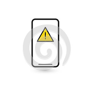 Mobile phone icon with exclamation mark and warning sign. Mobile phone icon and alert, error, alarm, danger symbol. Alert, icon,