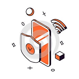 Mobile phone internet security safety wireless connection with shield 3d icon isometric vector
