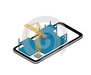 Mobile phone isometric construction 3D. Crane at a construction site isometric. Building on the phone screen