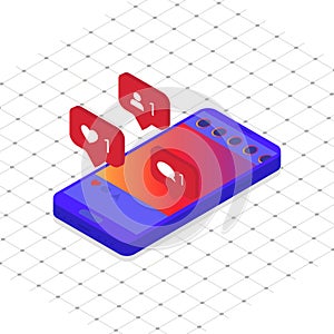 Mobile phone in isometric design with simple social media signs heart conversation person on red background colored screen