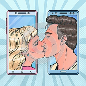 Romantic vector illustration in pop art style on love story theme, online dating, relationship at a distance, dating apps.