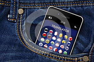 mobile phone with language translator application in jeans pocket