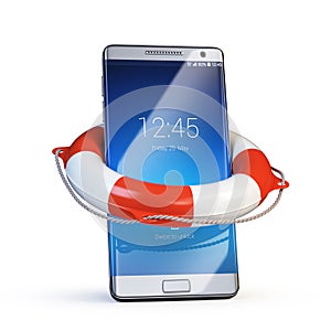 Mobile phone with the lifebuoy, smart phone security concept, 3d rendering