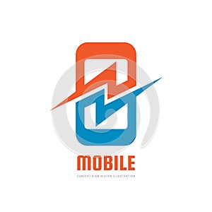 Mobile phone with lightning power energy symbol vector logo concept illustration. Smartphone creative sign. Modern technology.