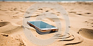 Mobile phone lying on the beach, in the sand, which drafted the wifi sign , concept of Oceanic connectivity, created