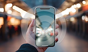 Mobile phone in a man& x27;s hand on a blurred background.