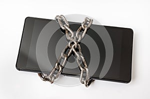 Mobile phone with metal chain locked on white