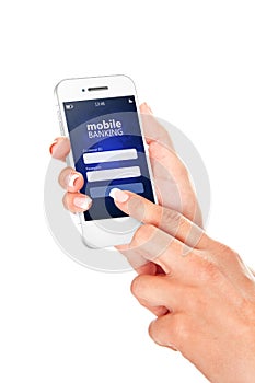 mobile phone with mobile banking log in page holded by hand isolated over white