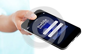 mobile phone with mobile banking log in page holded by hand isolated over white