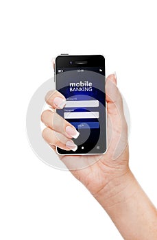 mobile phone with mobile banking log in page holded by hand isolated over white