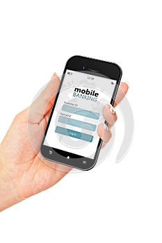 mobile phone with mobile banking login page holded by hand isolated over white