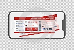 Mobile phone with mobile boarding pass airline ticket. Concept of modern travel or journey.
