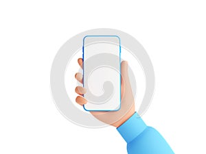 Mobile phone mockup with empty white screen in human hand 3d render illustration.