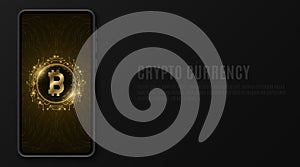 Mobile phone mockup with golden bitcoin on touch screen. Cryptocurrency software. Digital currency mining. Blockchain for graphic