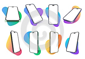 Mobile phone mockups. Smartphone display frame on abstract gradient blob shape, bright 3D app presentation template vector set