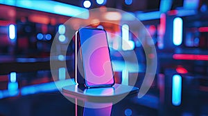 Mobile phone in neon light stands in store.