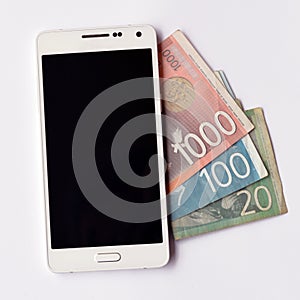 Mobile phone over Serbian dinar banknotes