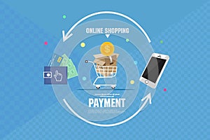 Mobile phone payment icon in flat style. The internet store, online shop, web buying and paying. Smartphone currency