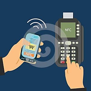 Mobile phone payment in shops with nfc system. Detail of POS terminal and mobile. Top view