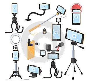 Mobile phone photo and video equipment, flat vector illustration. Smartphone lenses, selfie stick tripod, monopod.