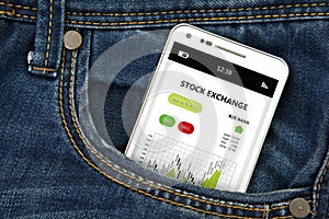 Mobile phone in pocket with stock exchange screen