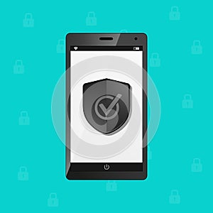 Mobile Phone Protection Security Shield, Internet Firewall Antivirus Concept - Vector Illustration - Isolated On Monochome photo