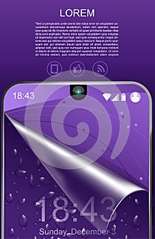 Mobile phone protective film advertising mockup on purple background. Vector graphics