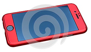 Mobile Phone In A Red Case Isolated With PNG File