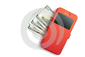 A mobile phone in a red case lies on three hundred US dollars on a white background. Online earnings concept, internet connection