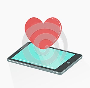 Mobile phone with red heart like icon.