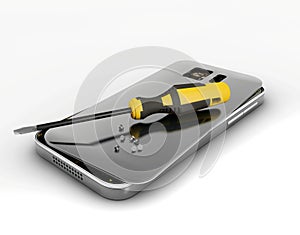 Mobile phone repair. 3D illustration. Broken mobile phone with screwdriver. Repair electronic equipment.