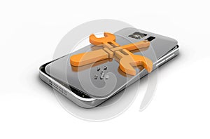 Mobile phone repair, Broken mobile phone with repair logo. 3D illustration, isolated black