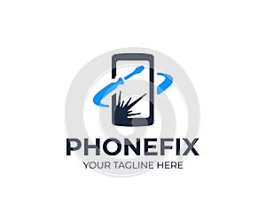 Mobile phone repair logo template. Broken screen on smartphone and screwdriver tool vector design