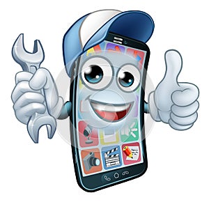 Mobile Phone Repair Spanner Thumbs Up Cartoon