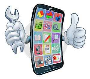 Mobile Phone Repair Spanner Thumbs Up Cartoon