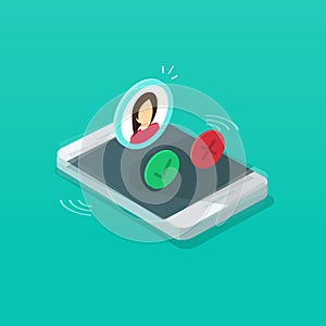 Mobile phone ringing vector illustration, isometric cartoon cellphone call or vibrate with contact info on display photo