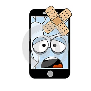 Mobile phone with sad eyes draw illustration