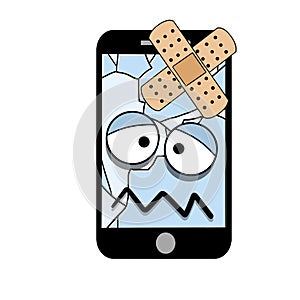 Mobile phone with sad eyes draw illustration