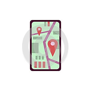 Mobile phone screen with city map in gps navigation and pinpoints of location