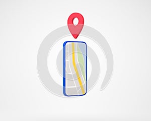 Mobile phone screen with city road and red map pin. Mockup