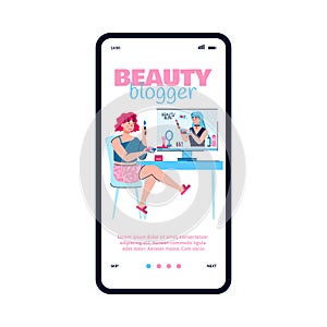 Mobile phone screen with girl subscriber and beauty blogger a vector illustration