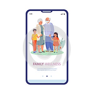 Mobile phone screen with happy elderly grandparent and grandchildren hug together