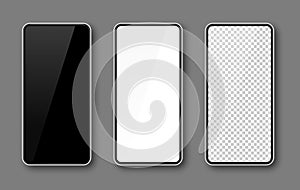 Mobile phone screen, smartphone mock up, black, white, transparent display template, white frame