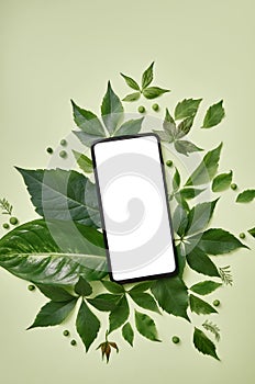 Mobile phone screen template ads with green leaves frame vertical background.