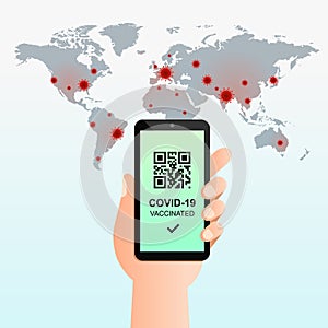 Mobile phone screen and vaccination pass with QR code