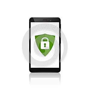Mobile phone security shield protection. Closed padlock. Vector design.