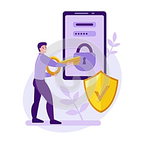 Mobile phone security vector concept. A young man is trying to unlock a mobile phone with a key. Data protection. Strong password