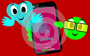 Mobile phone. Sending a virtual hug. Heart illustration. Face with expression, smile. Colorful. Green emoticon, doll.