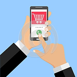 Mobile phone shopping cart, red speechillustration, online ordering notification concept, ecommerce on a blue background